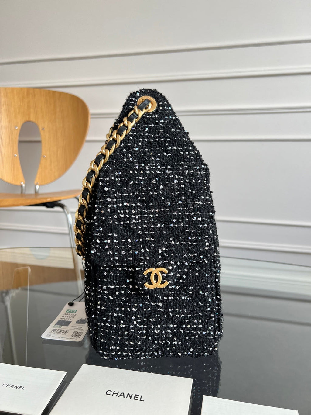 CHANEL 25S HOBO BAG 30 IN BLACK TWEED WITH GOLD HARDWARE