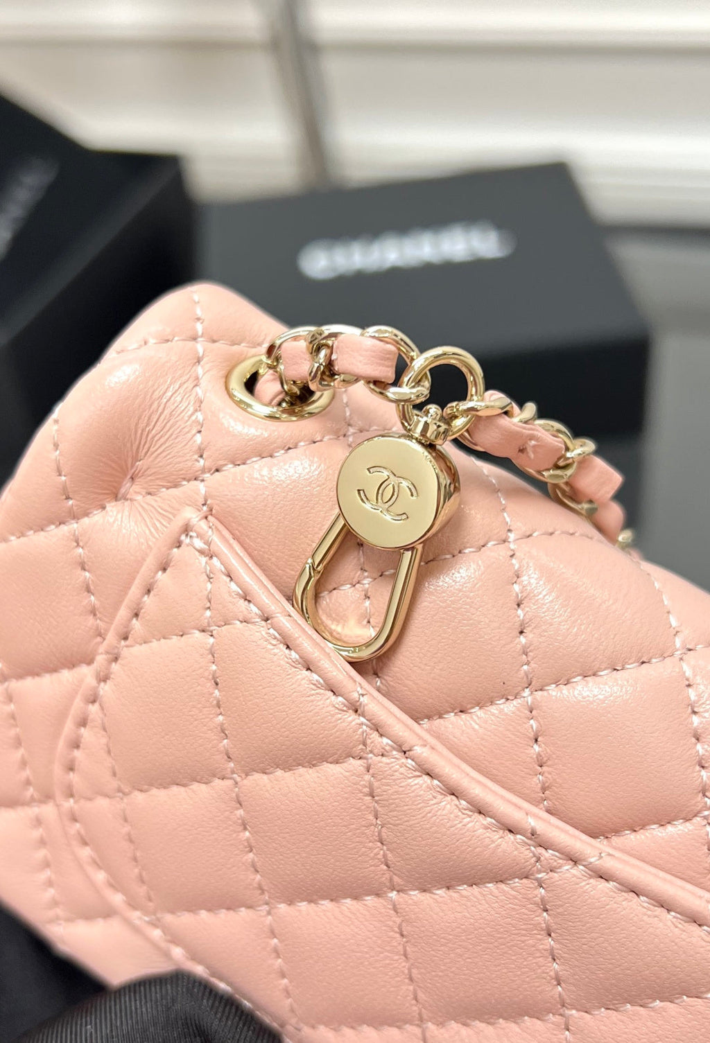 CHANEL 25S FLAP CHARM BAG 13 IN PEACH PINK LAMBSKIN