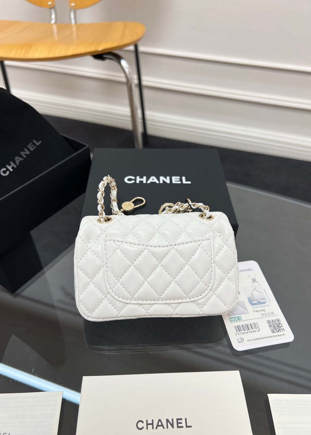 CHANEL 25S FLAP CHARM BAG 13 IN WHITE LAMBSKIN