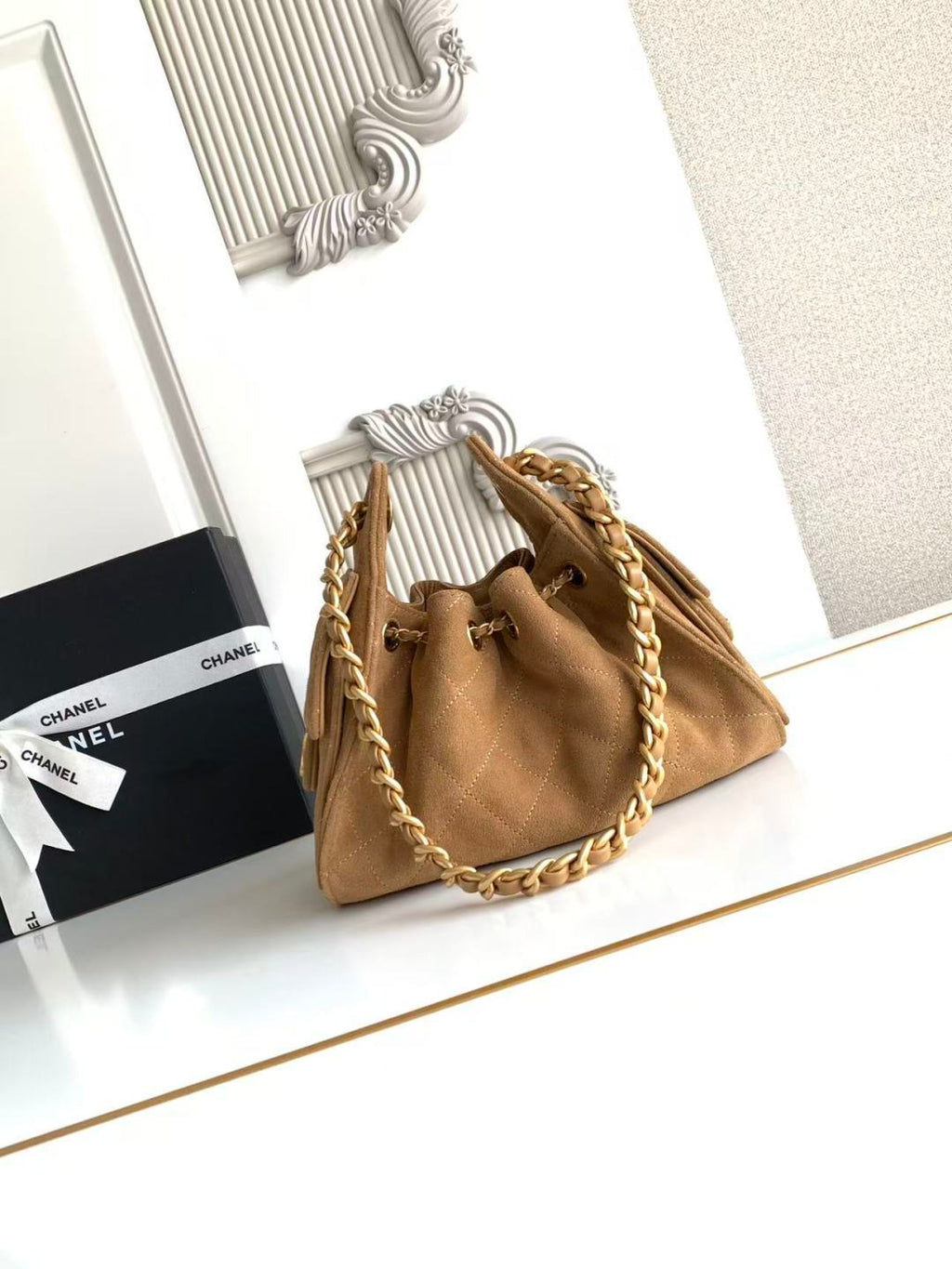CHANEL 25S HOBO BAG 22 IN BROWN SUEDE WITH GOLD HARDWARE