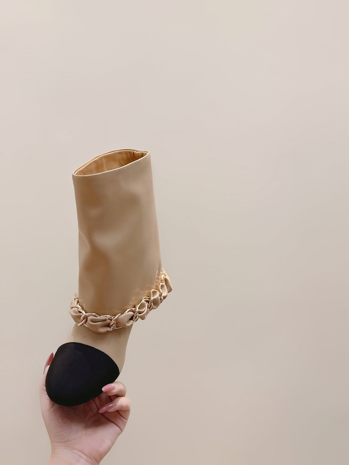 CHANEL 25S CALF-LENGTH BOOTS 45MM IN BEIGE AND BLACK CALFSKIN GOLD HARDWARE