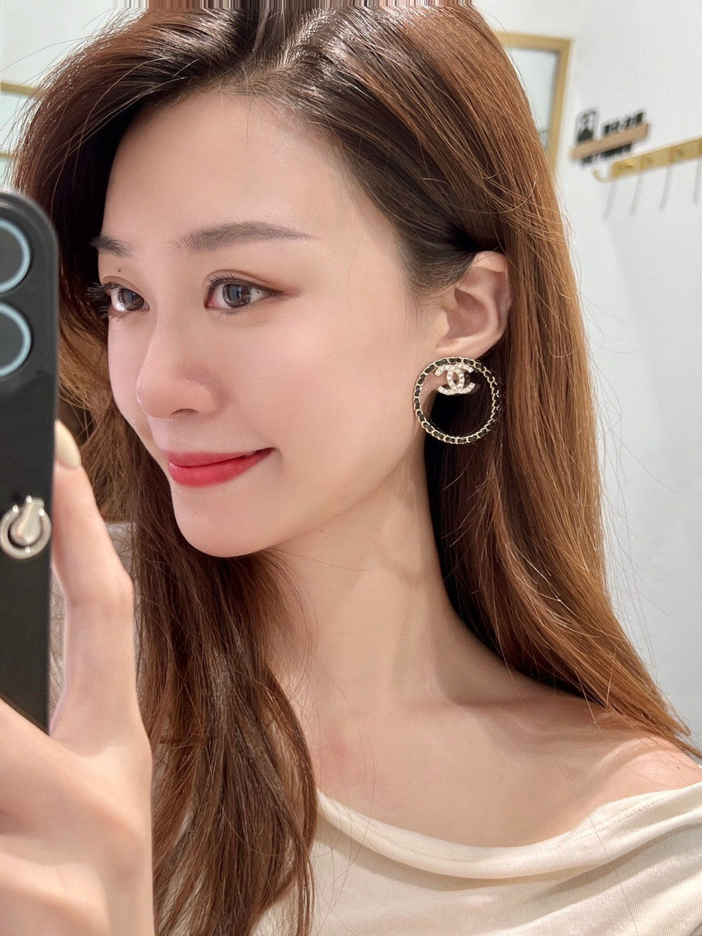 18K  Chanel Black Leather Circle Earrings