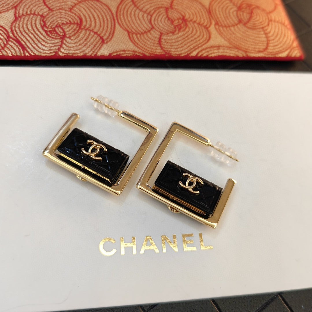 18K  Chanel Black Bag Hoop Earrings