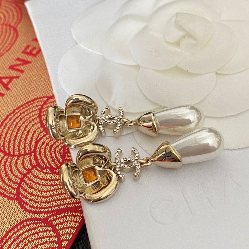 18K  Chanel Camellia Pearl Earrings
