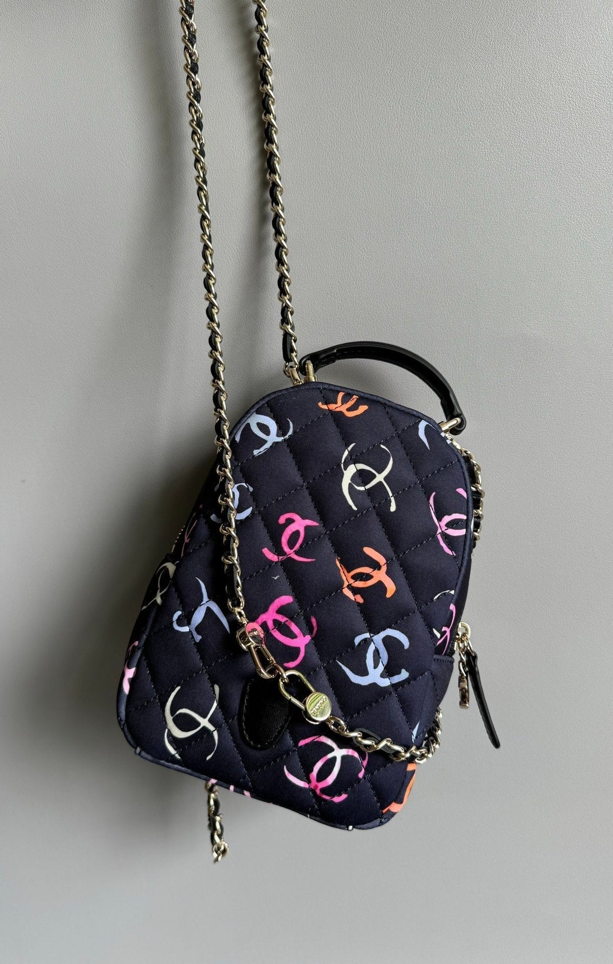 CHANEL BACKPACK 18CM BLACK & MANY OTHER COLORS PRINTED FABRIC GOLD HARDWARE