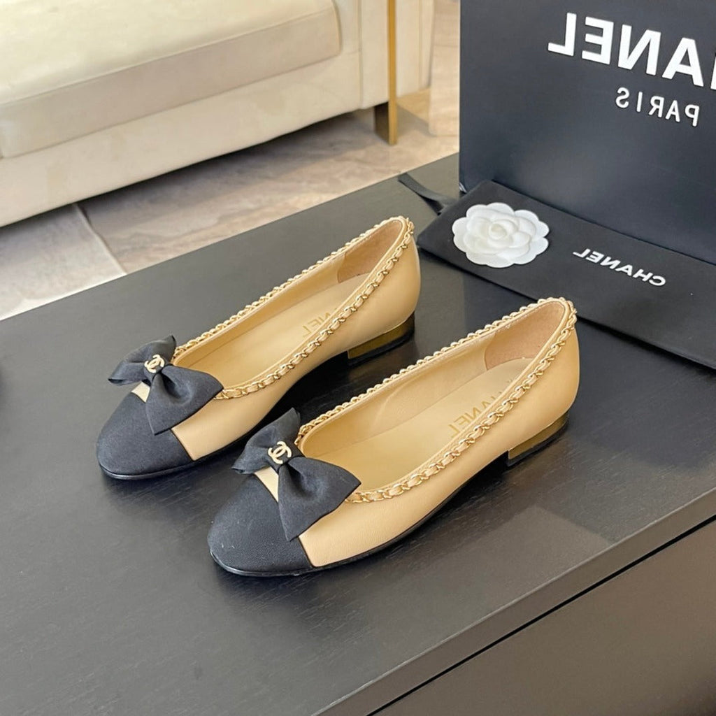 CHANEL BALLET FLAT BEIGE CREAM CALFSKIN AND FABRIC