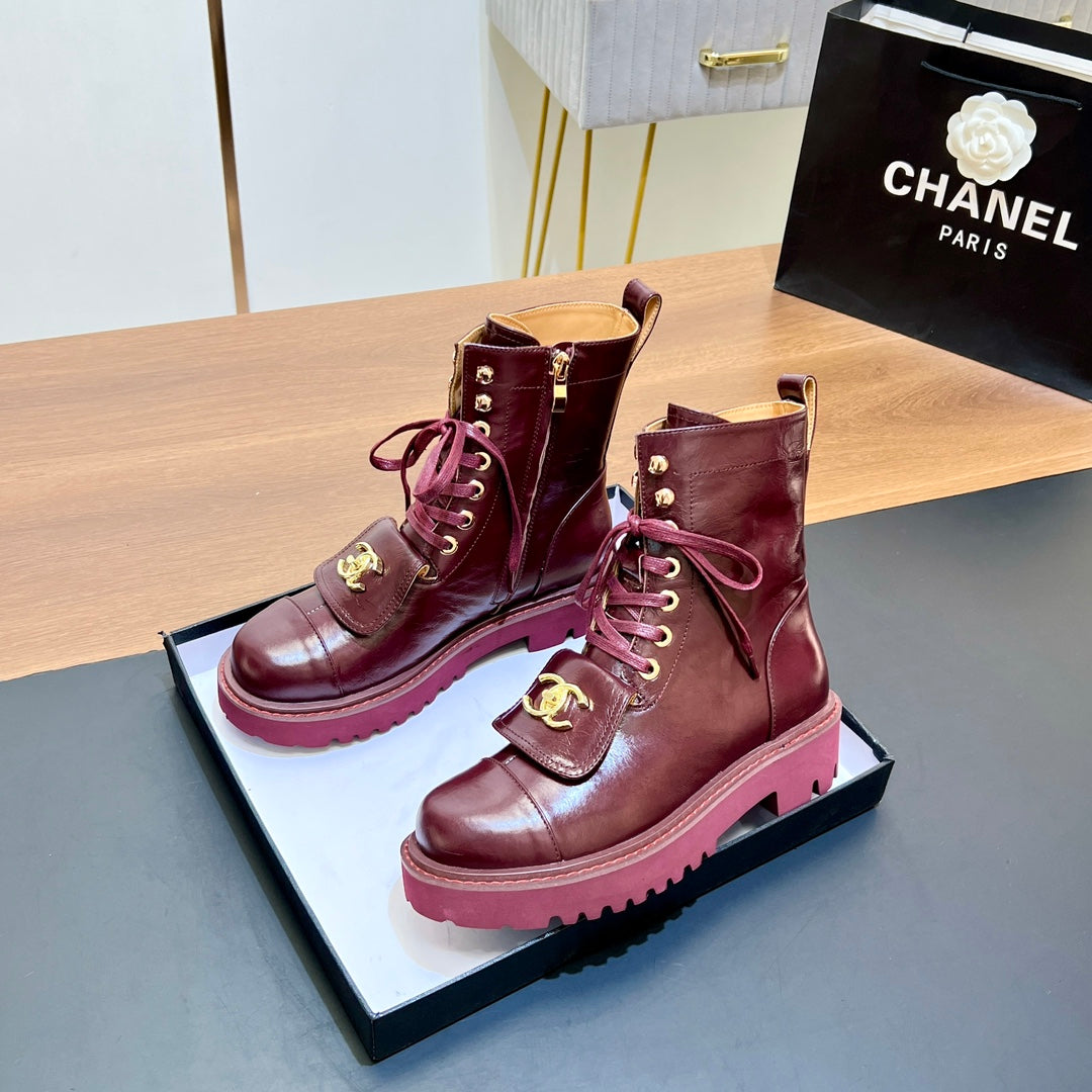 CHANEL 25S HIGH ANKLE BOOTS WITH ZIPPER IN BURGUNDY BROWN CALFSKIN GOLD HARDWRE