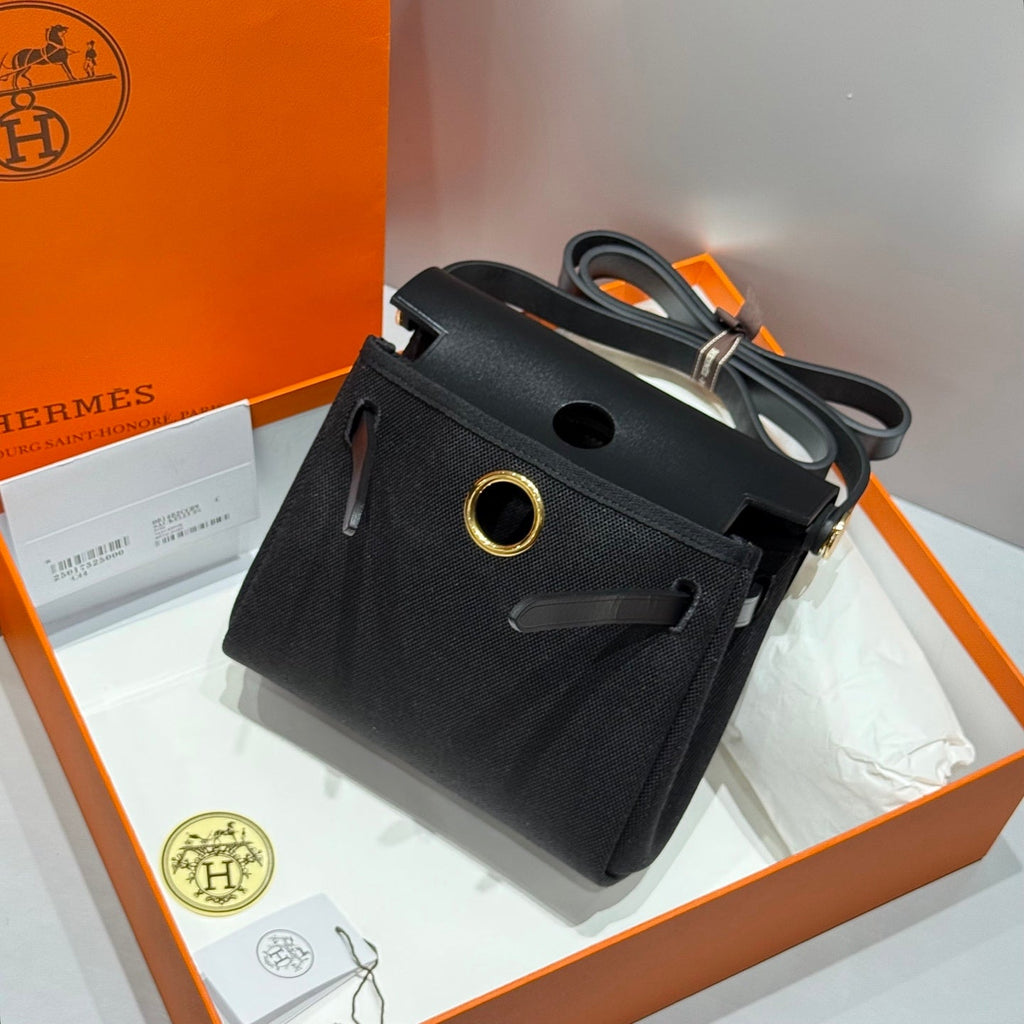 HERMES 25S MINI HERBAG 20 IN FULL BLACK CANVAS GOLD HARDWARE
