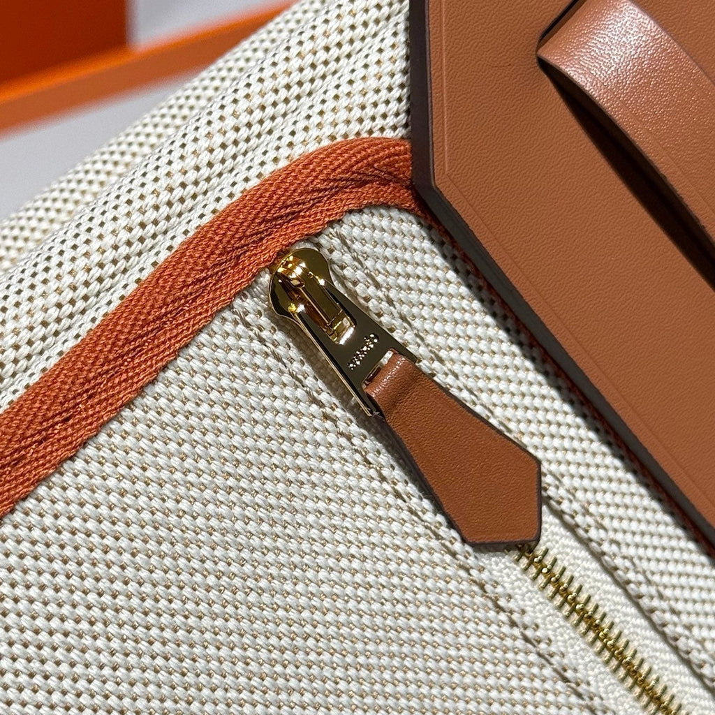 HERMES 25S MINI HERBAG 20 IN BEIGE AND BROWN CANVAS GOLD HARDWARE