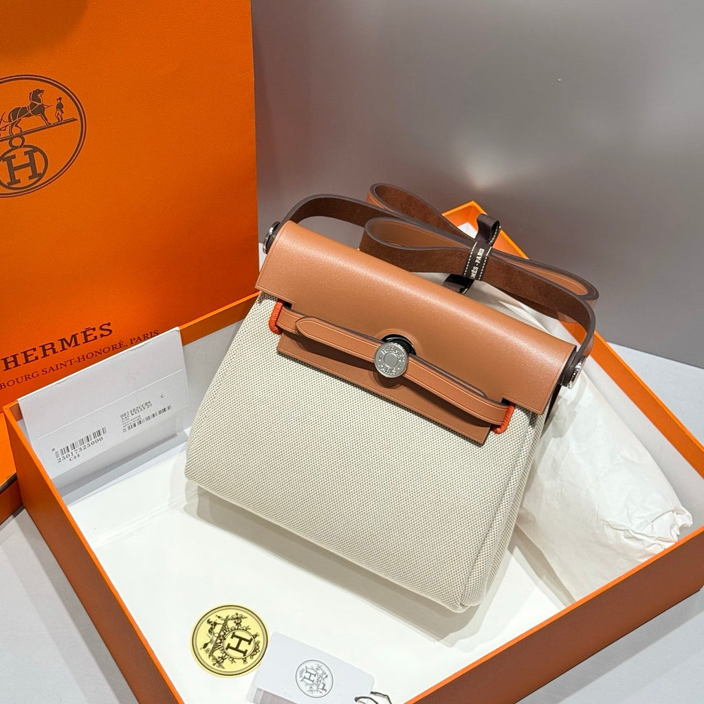 HERMES 25S MINI HERBAG 20 IN BEIGE AND BROWN CANVAS SILVER HARDWARE
