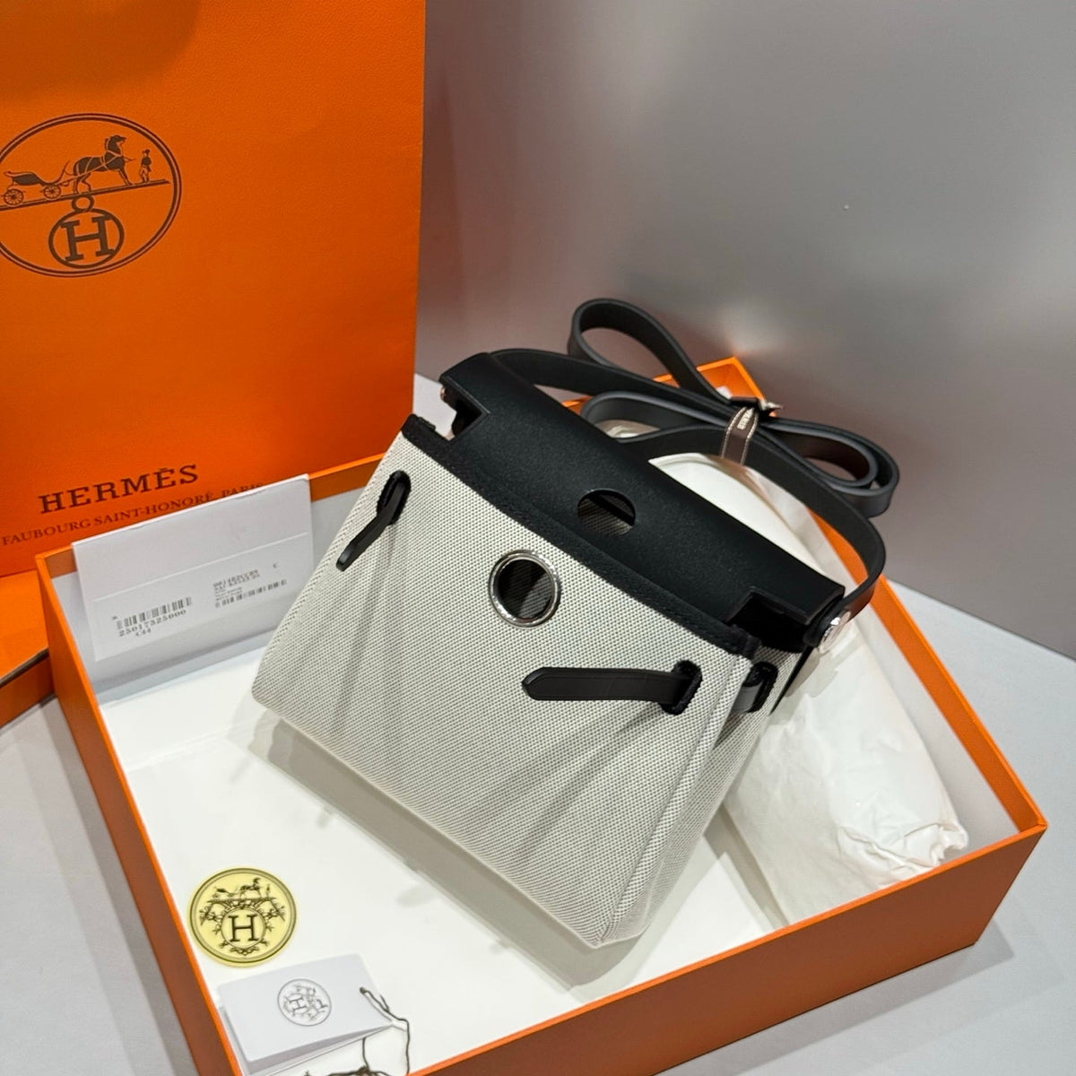 HERMES 25S MINI HERBAG 20 IN SAGE GRAY CANVAS SILVER HARDWARE