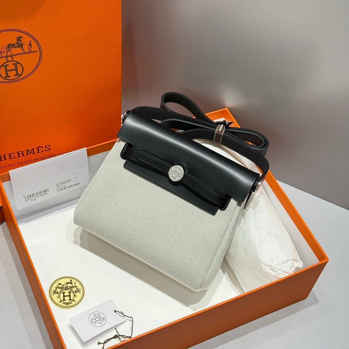 HERMES 25S MINI HERBAG 20 IN SAGE GRAY CANVAS SILVER HARDWARE