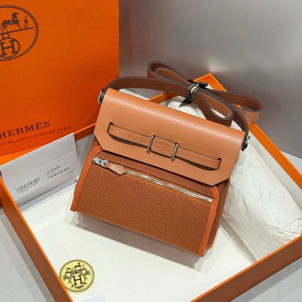 HERMES 25S MINI HERBAG 20 IN COPPER BROWN CANVAS SILVER HARDWARE