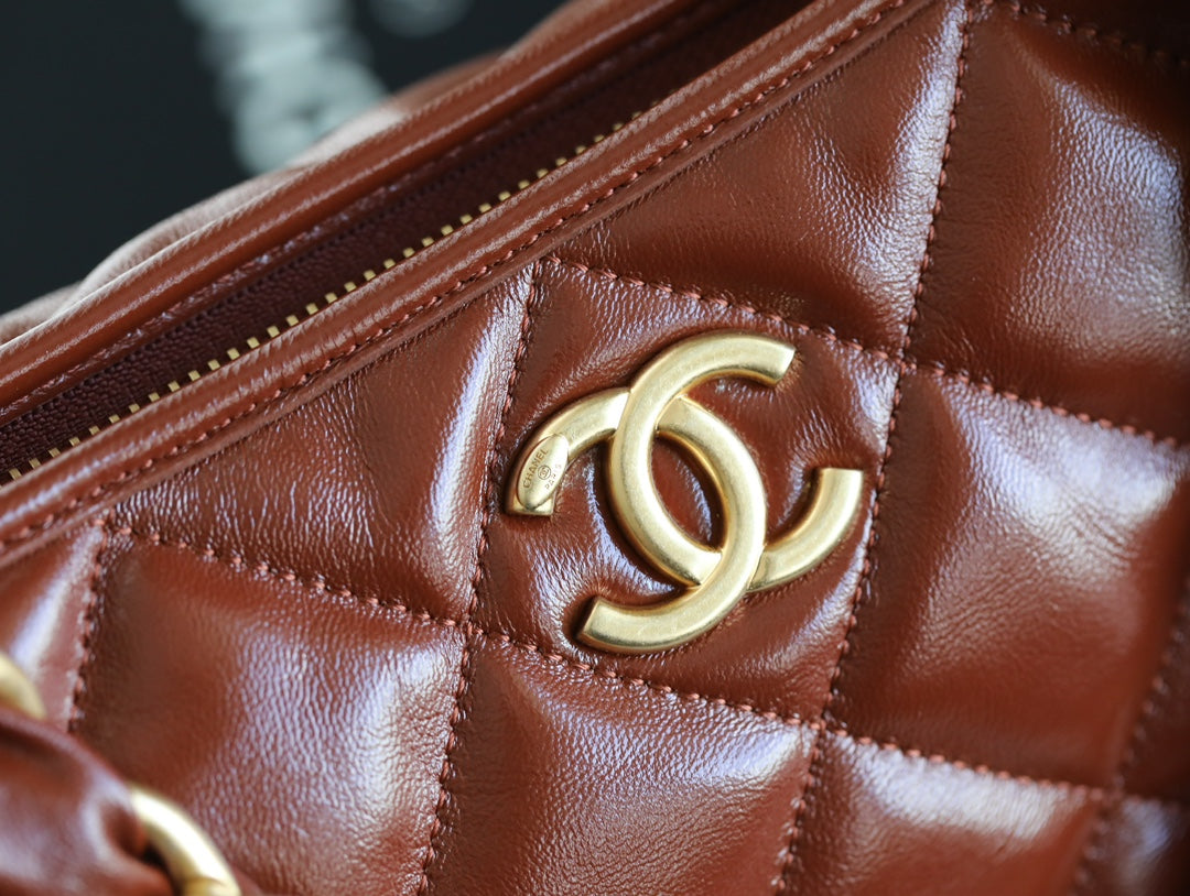 CHANEL 25S HOBO BAG 32 CM IN BROWN LAMBSKIN WITH GOLD HARDWARE
