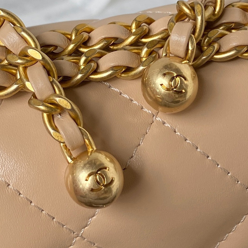 CHANEL 25S MINI FLAP BAG 19 IN TAN BROWN CALFSKIN GOLD HARDWARE