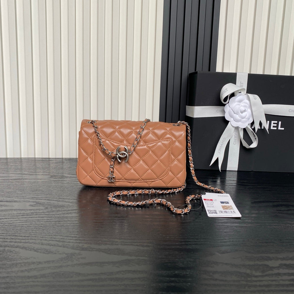 CHANEL 25S FLAP BAG 20 IN DARK CARAMEL CALFSKIN SILVER HARDWARE