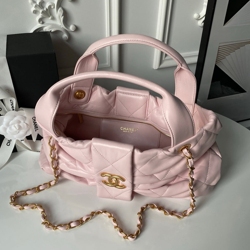 CHANEL 25S BOW BAG 38 IN PINK LAMBSKIN WITH GOLD HARDWARE