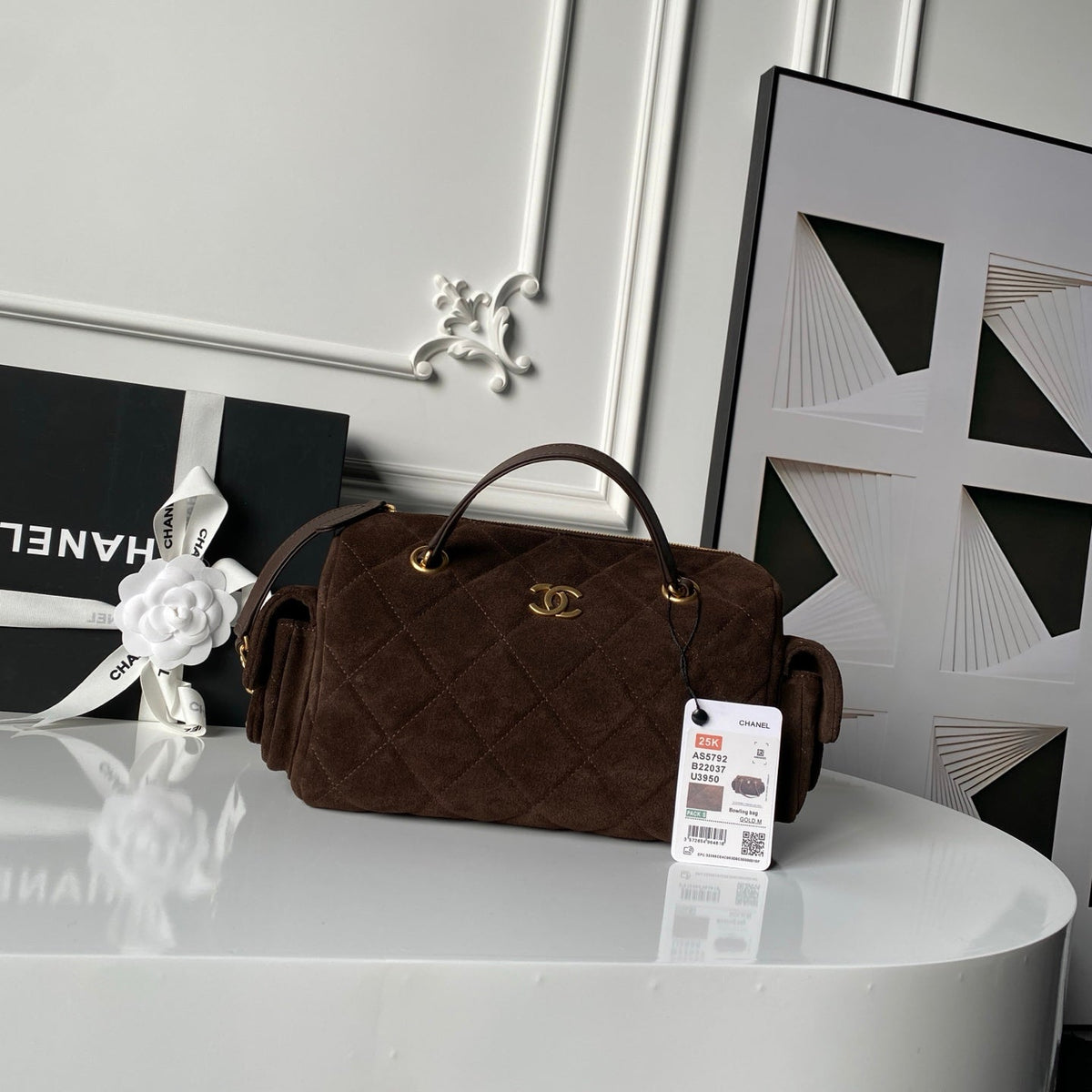 CHANEL 25S BOWLING BAG 24 IN DARK BROWN SUEDE GOLD HARDWARE