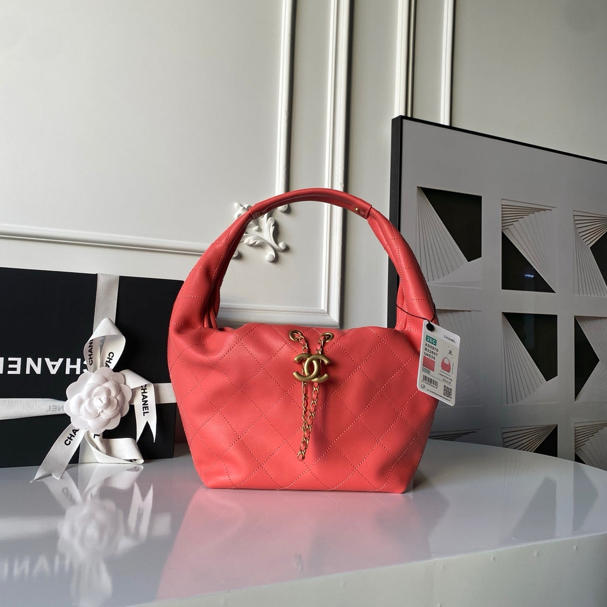 CHANEL 25S HOBO BAG 32 IN CORAL RED LAMBSKIN
