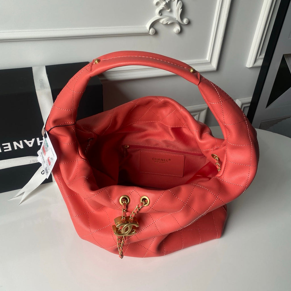 CHANEL 25S HOBO BAG 45 IN CORAL RED LAMBSKIN