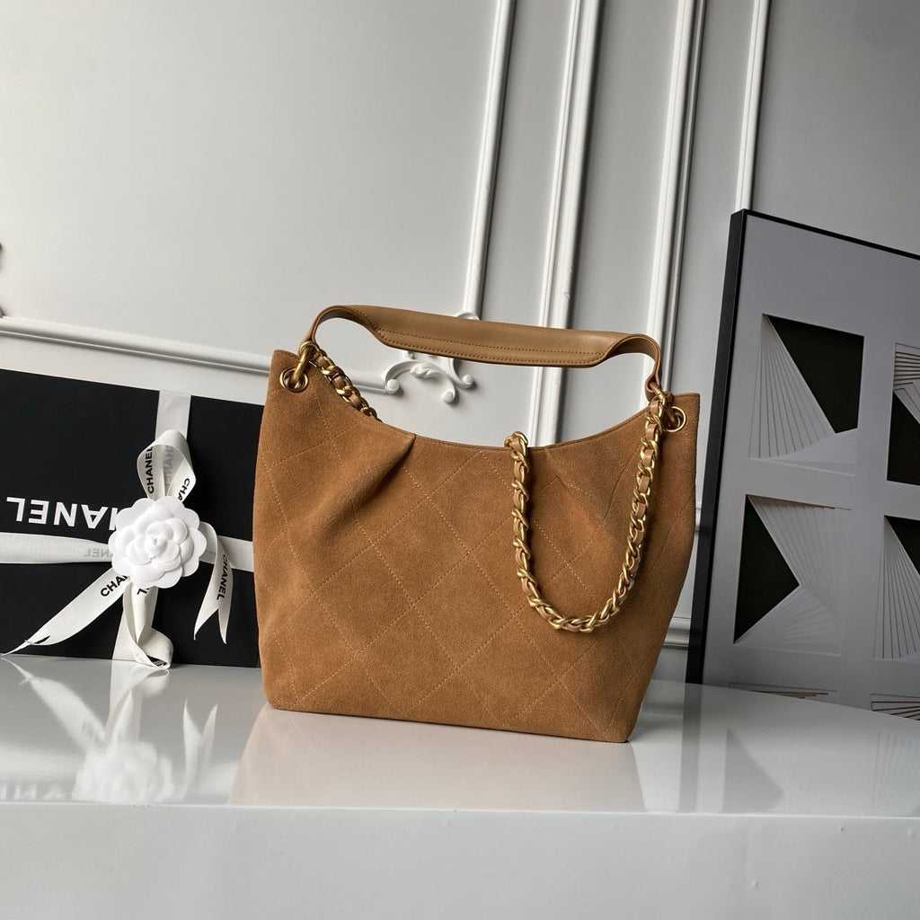 CHANEL 25S HOBO BAG 31 IN CARAMEL BROWN SUEDE WITH GOLD HARDWARE
