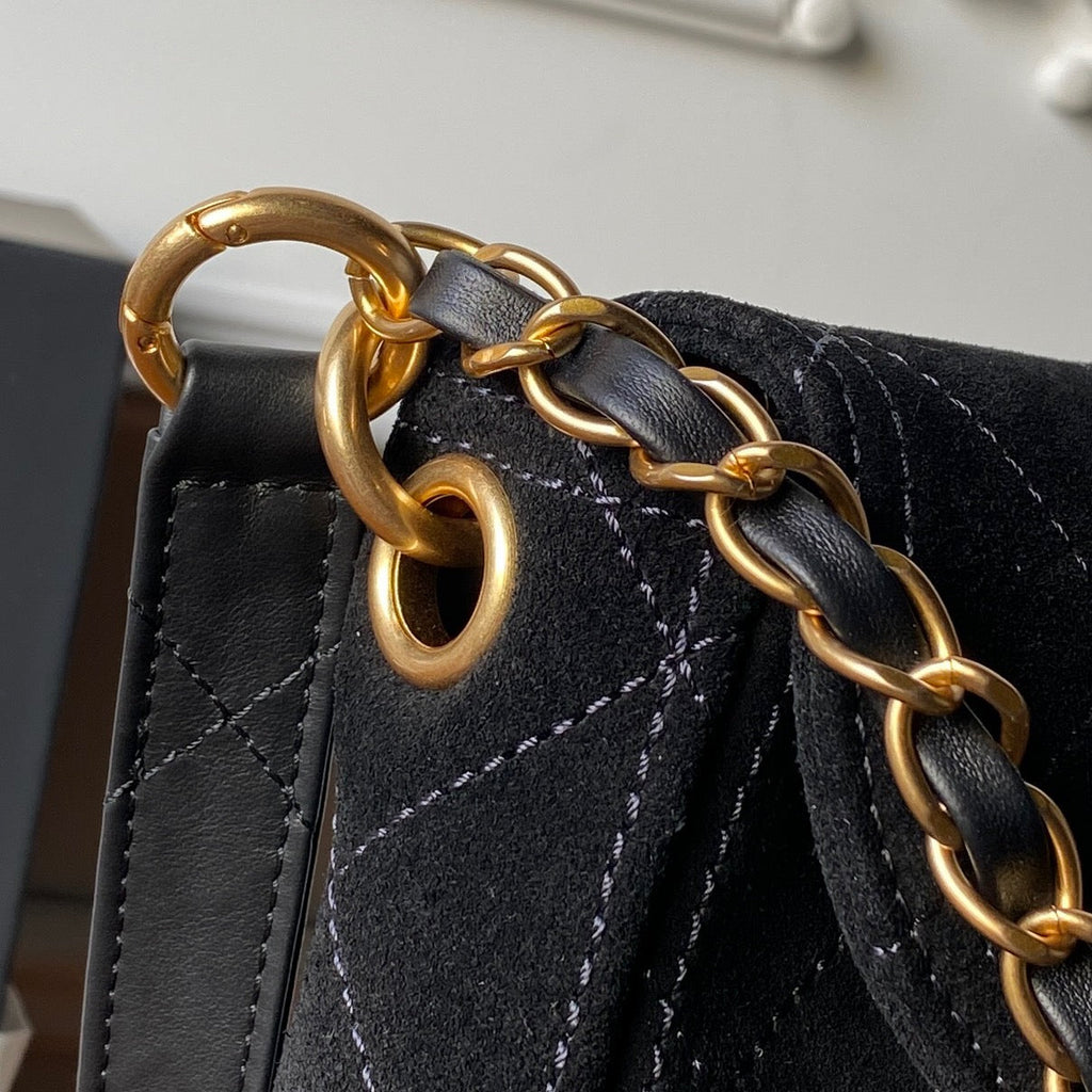 CHANEL 25S SHOULDER BAG 30 IN BLACK SUEDE WITH GOLD HARDWARE