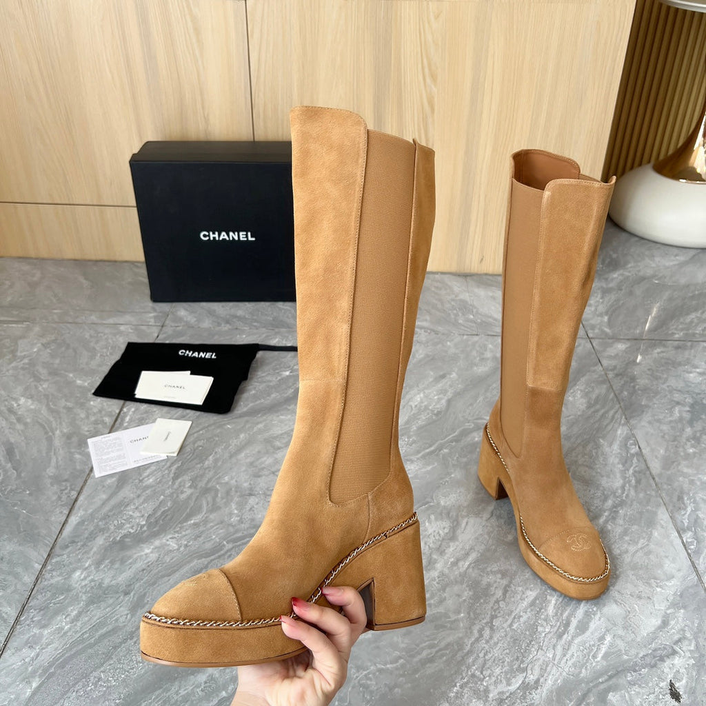 CHANEL 25S HIGH BOOTS STRETCHY SHAFT 85MM IN CARAMEL SUEDE GOLD HARDWRE