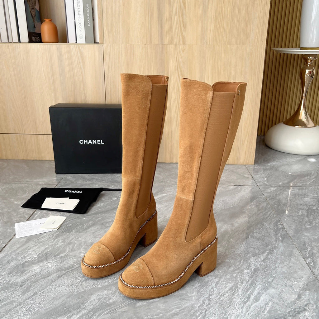CHANEL 25S HIGH BOOTS STRETCHY SHAFT 85MM IN CARAMEL SUEDE GOLD HARDWARE