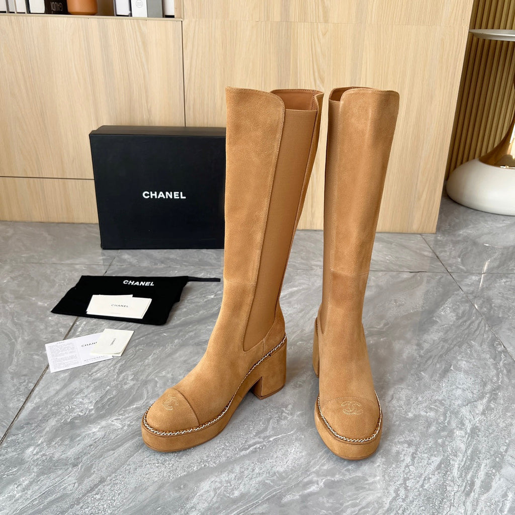 CHANEL 25S HIGH BOOTS STRETCHY SHAFT 85MM IN CARAMEL SUEDE GOLD HARDWRE