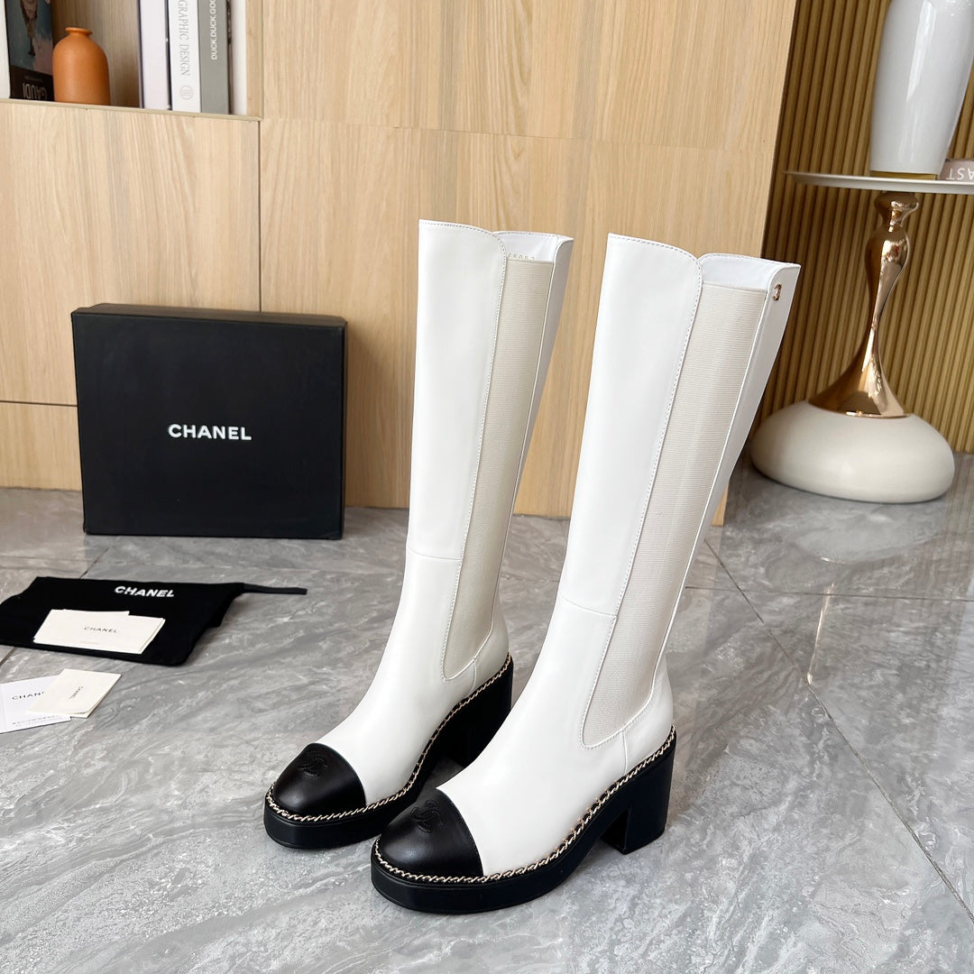 CHANEL 25S HIGH BOOTS STRETCHY SHAFT 85MM IN WHITE MIX BLACK CALFSKIN GOLD HARDWARE