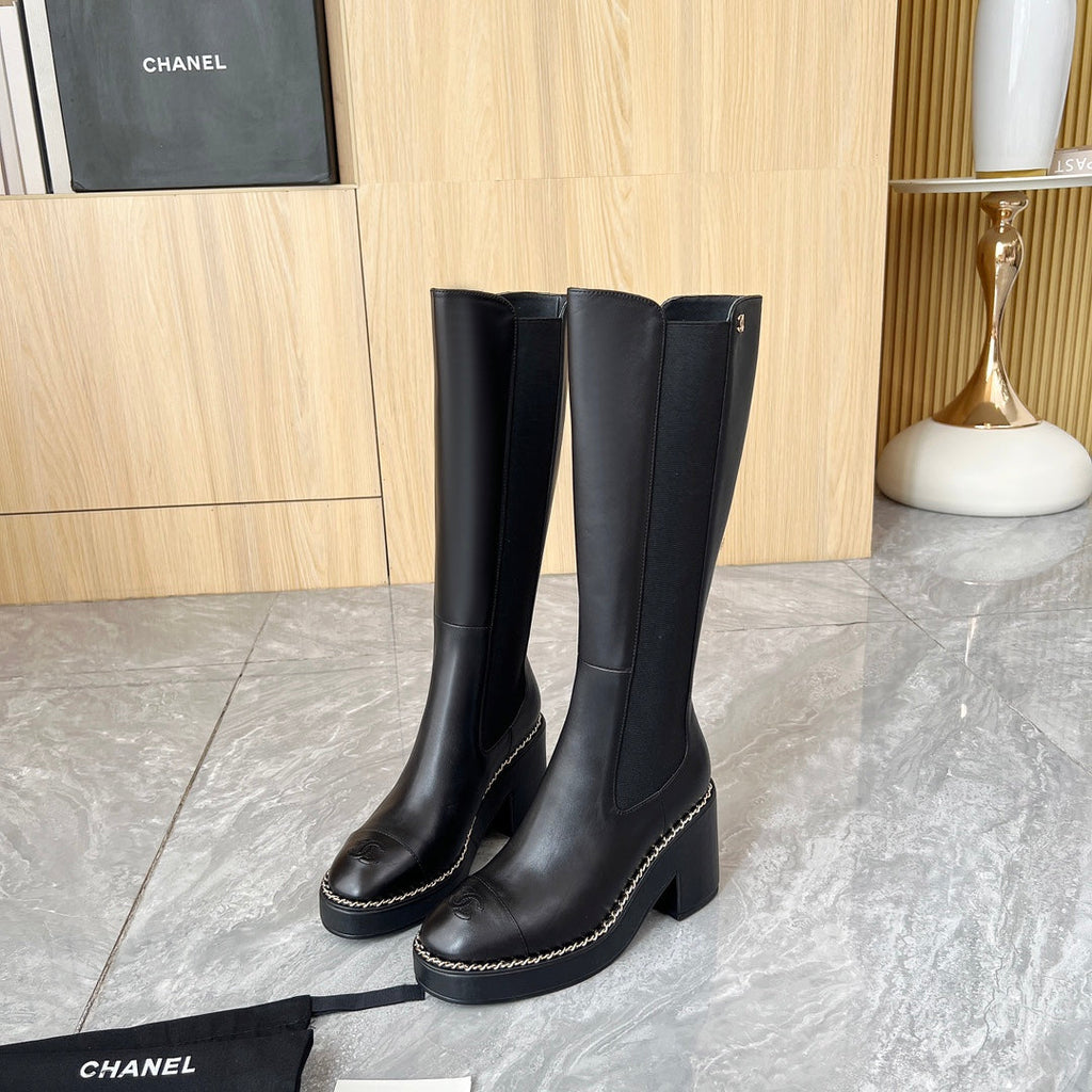 CHANEL 25S HIGH BOOTS STRETCHY SHAFT 85MM IN BLACK CALFSKIN GOLD HARDWRE