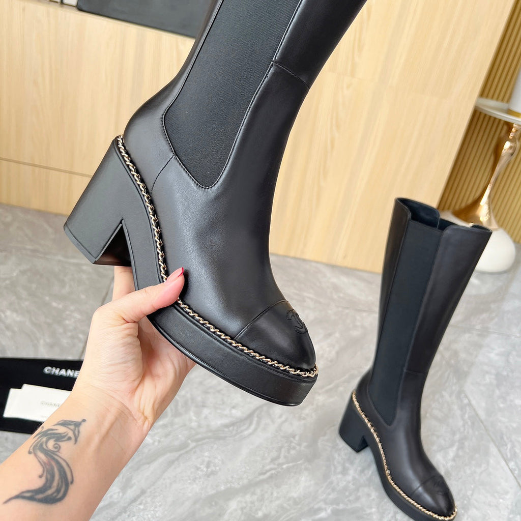 CHANEL 25S HIGH BOOTS STRETCHY SHAFT 85MM IN BLACK CALFSKIN GOLD HARDWRE