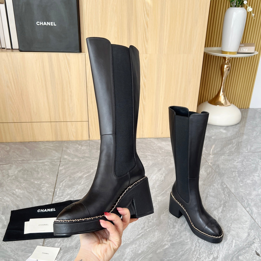 CHANEL 25S HIGH BOOTS STRETCHY SHAFT 85MM IN BLACK CALFSKIN GOLD HARDWRE
