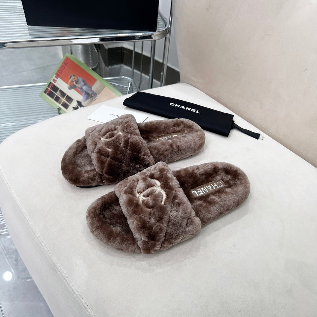 CHANEL 25S FUR SLIPPERS WITH EXPOSED-STITCH STRAPS IN DARK BROWN