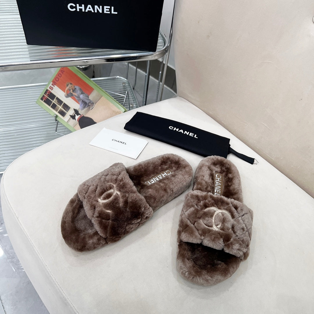 CHANEL 25S FUR SLIPPERS WITH EXPOSED-STITCH STRAPS IN DARK BROWN