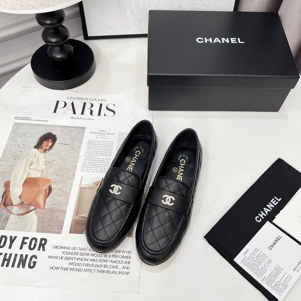 CHANEL 25S LOAFER DANCE SHOES IN BLACK CALFSKIN GOLD HARDWARE