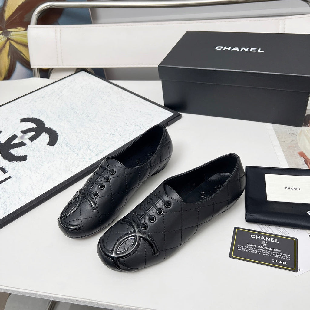 CHANEL 25S DANCE SHOES WITH PRINTED LOGO IN BLACK FULL CALFSKIN