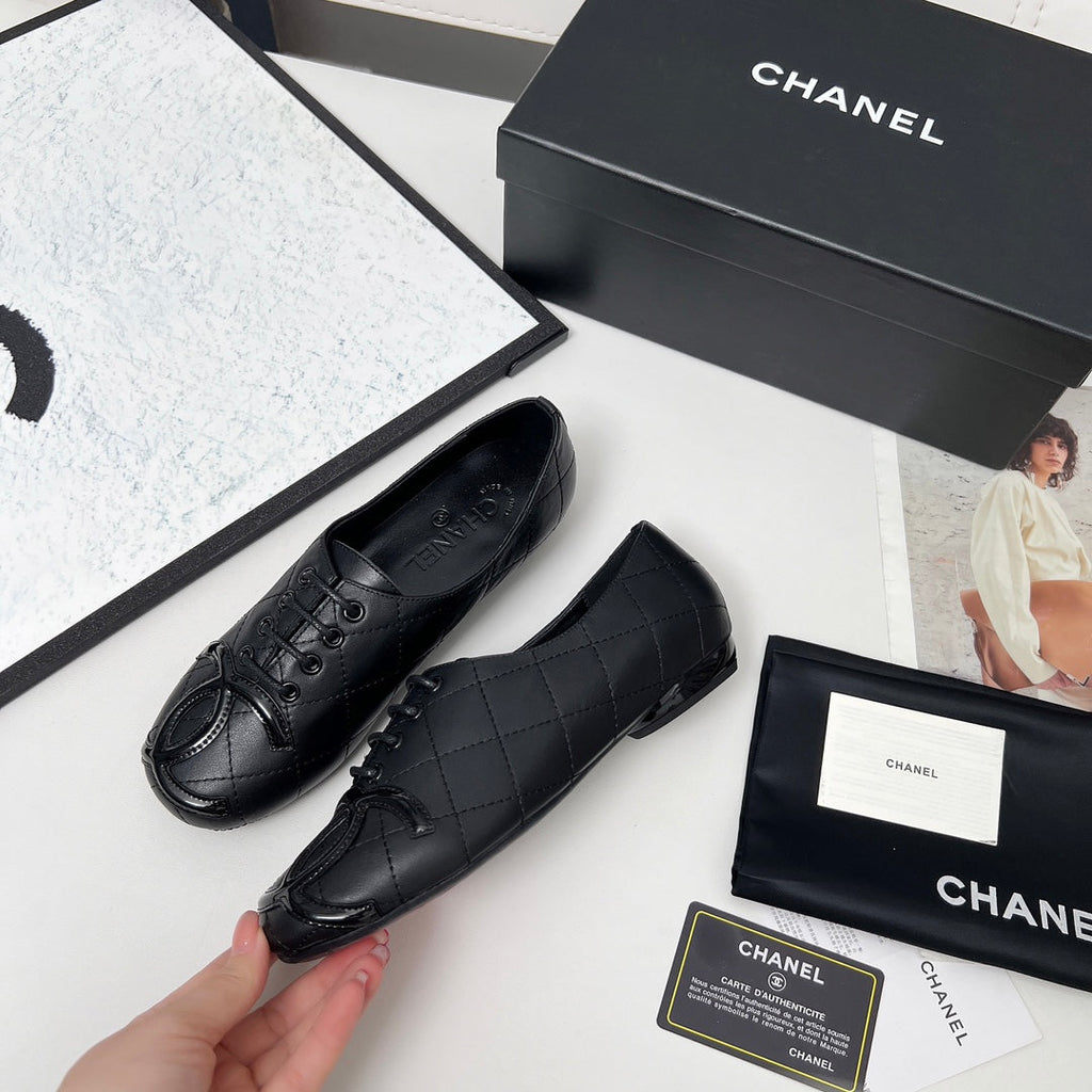 CHANEL 25S DANCE SHOES WITH PRINTED LOGO IN BLACK FULL CALFSKIN