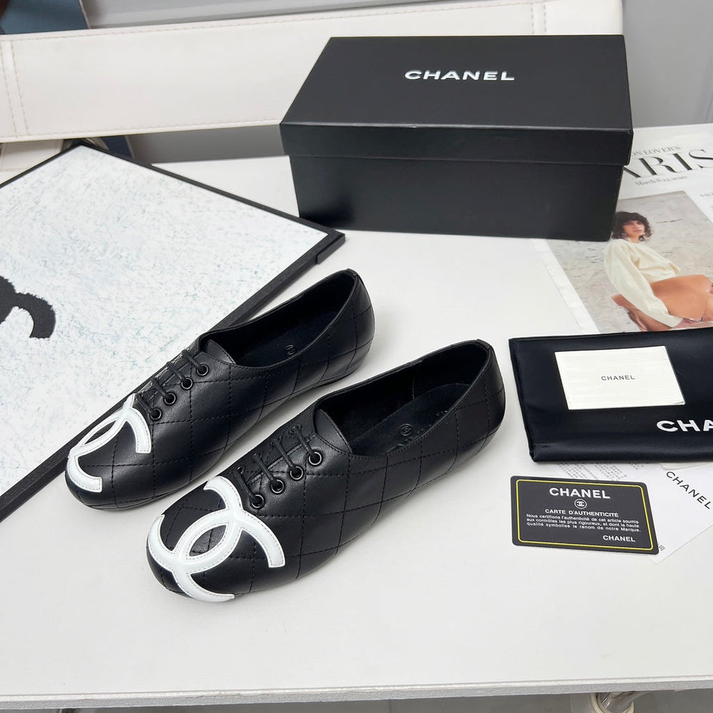 CHANEL 25S DANCE SHOES WITH PRINTED LOGO IN BLACK CALFSKIN