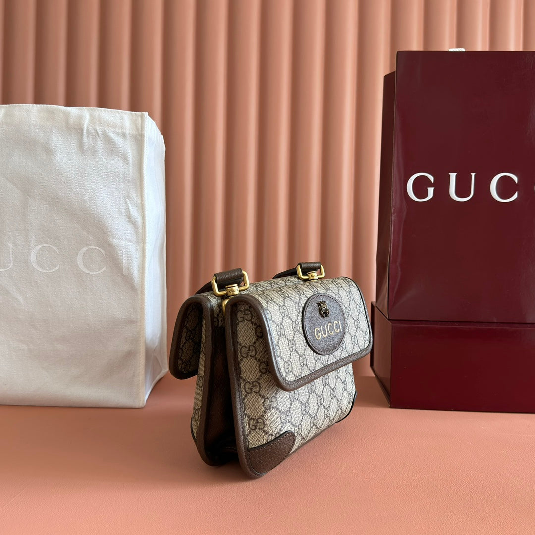 GUCCI NEO VINTAGE TIGER HEAD CROSSBODY BAG 22 IN CANVAS BROWN LEATHER TRIM