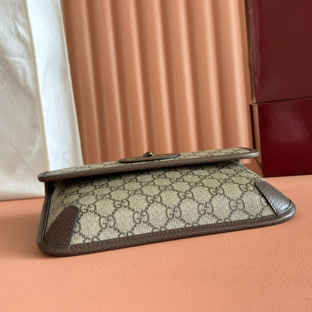 GUCCI NEO VINTAGE TIGER HEAD CROSSBODY BAG 24 IN CANVAS BROWN LEATHER TRIM