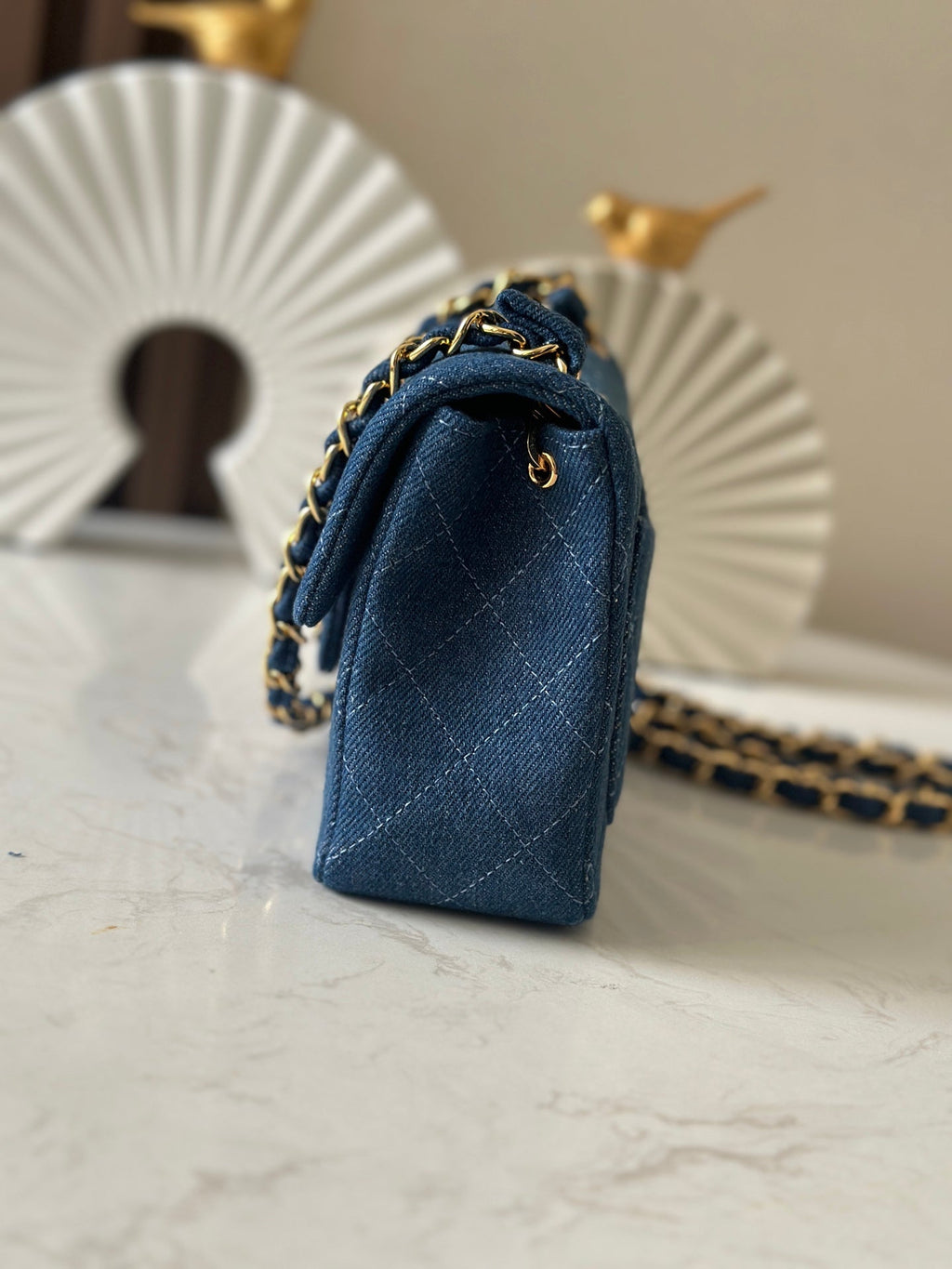 CHANEL 25S MINI FLAP BAG 18 IN BLUE DENIM WITH GOLD HARDWARE