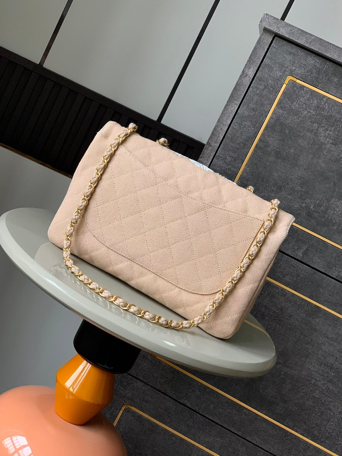 CHANEL 25S CLASSIC FLAP 26 CM IN LIGHT BEIGE CANVAS EMBROIDERED MOTIF WITH GOLD HARDWARE