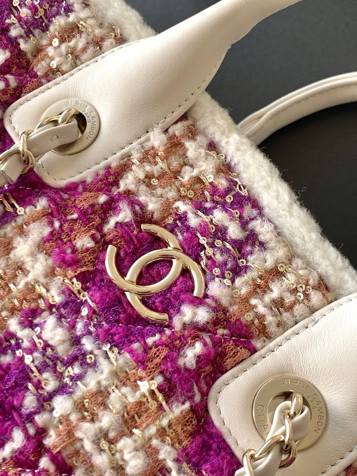 CHANEL 25S SHOPPING BAG 34 IN DARK PINK MIX WHITE TWEED