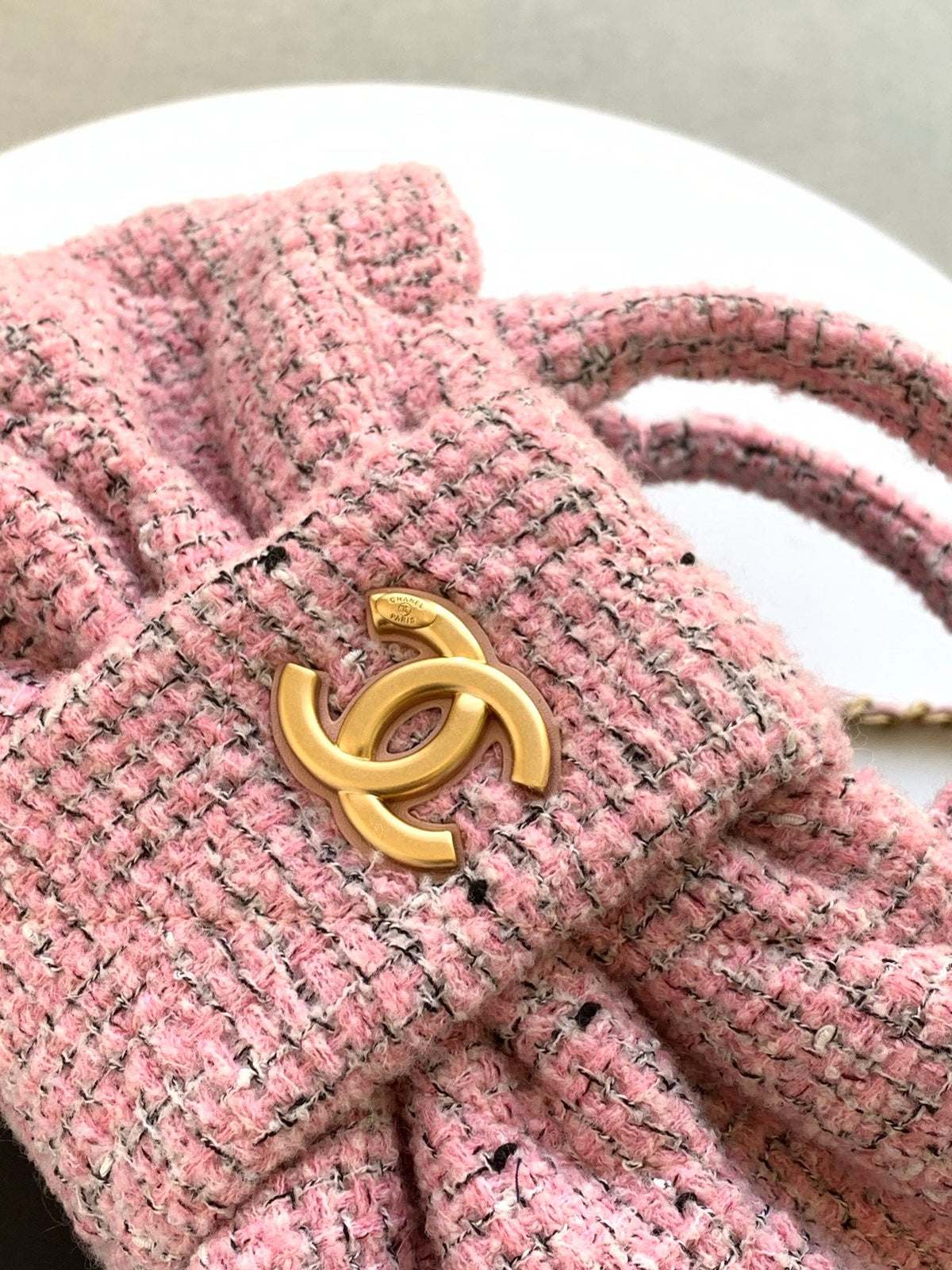CHANEL 25S BOW BAG 26 IN PINK TWEED WITH GOLD HARDWARE