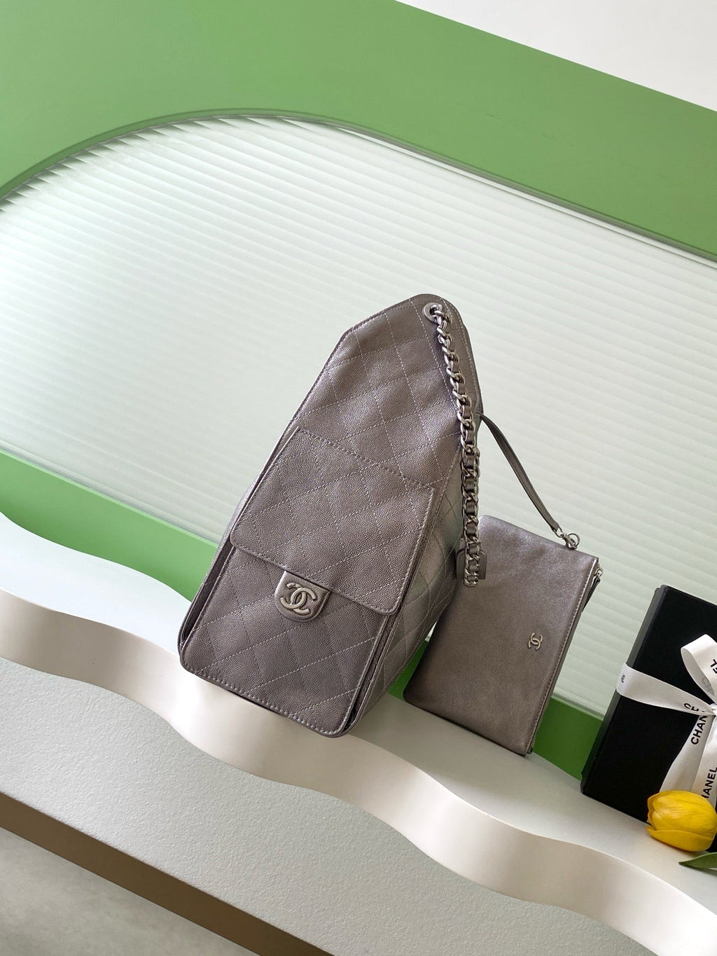 CHANEL 25S HOBO BAG 40 IN LILAC SILVER METALLIC CAVIAR