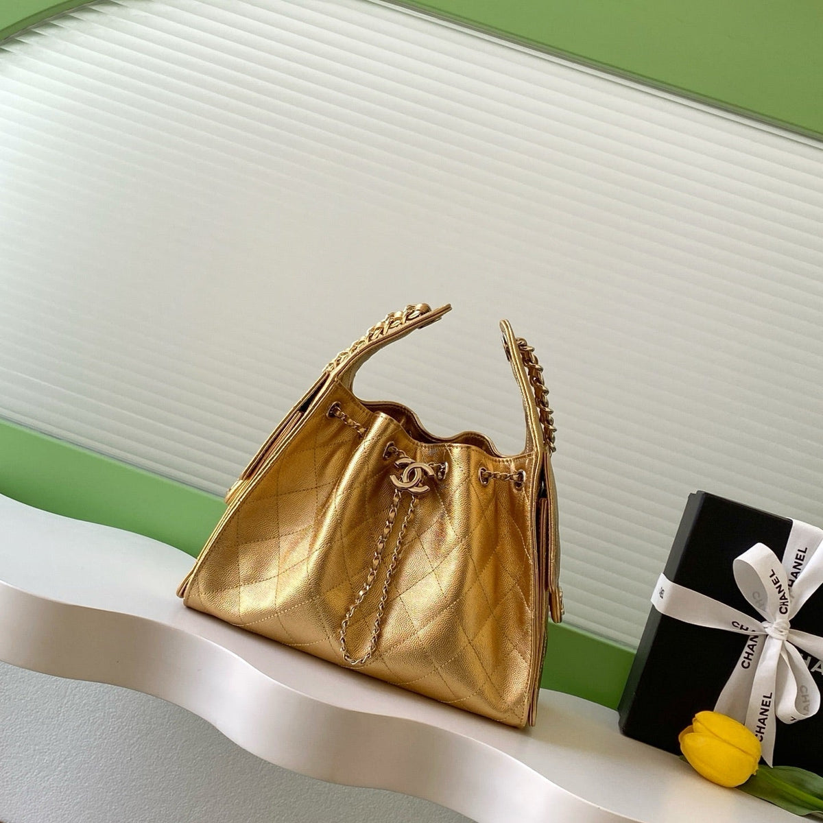 CHANEL 25S HOBO BAG 30 IN METALLIC GOLD CAVIAR LEATHER