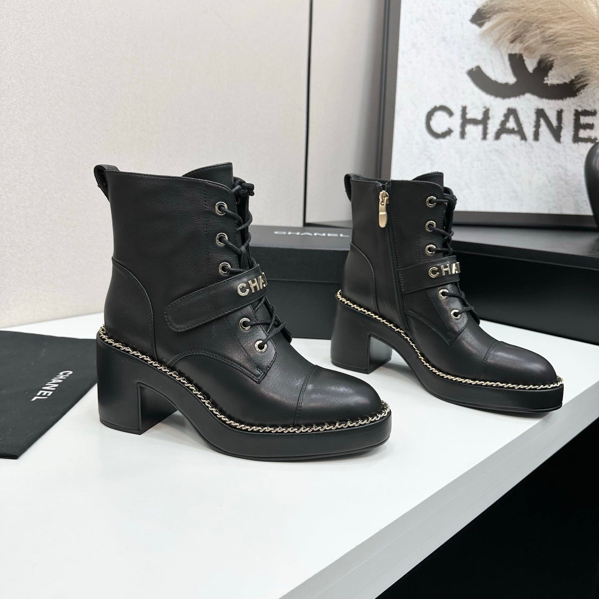 CHANEL 25S LACE-UP HEELED ANKLE BOOTS IN BLACK CALFSKIN