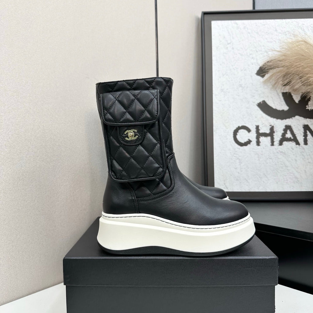 CHANEL 25S WEDGE ANKLE BOOTS IN BLACK CALFSKIN SILVER HARDWRE