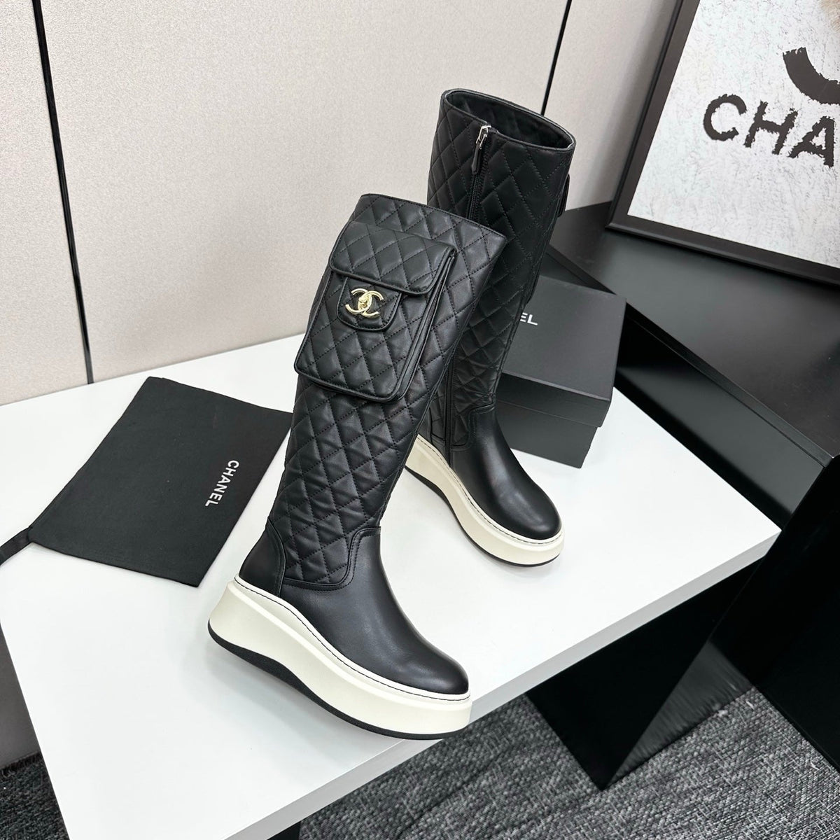 CHANEL 25S WEDGE KNEE-HIGH BOOTS IN BLACK CALFSKIN SILVER HARDWRE